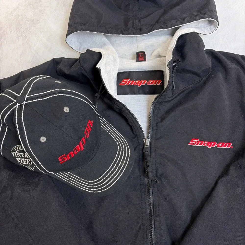 Snap-on Hooded Jacket Hat bundle Mens Large Black Embroidered Mechanic Workwear